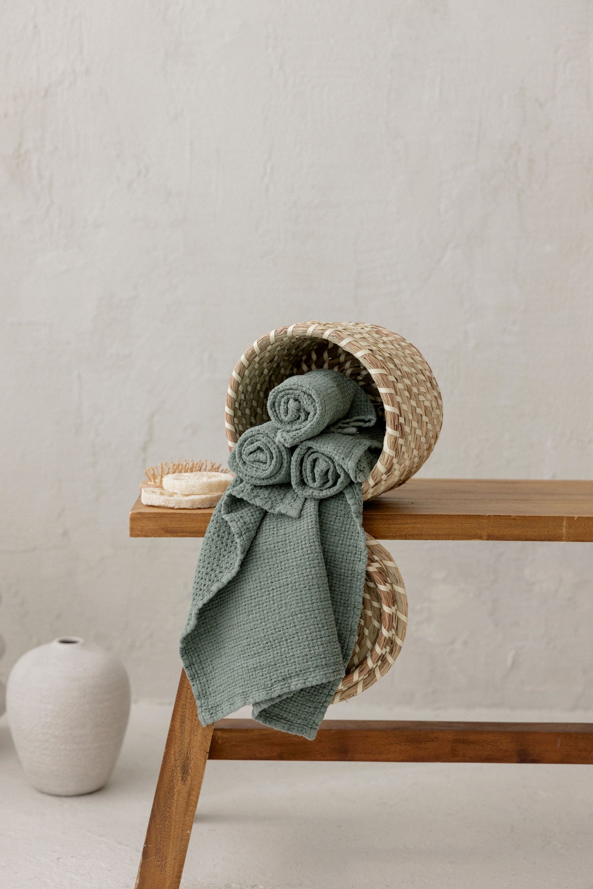 Linen Waffle Hand Towels – Sage Green – SET OF 4